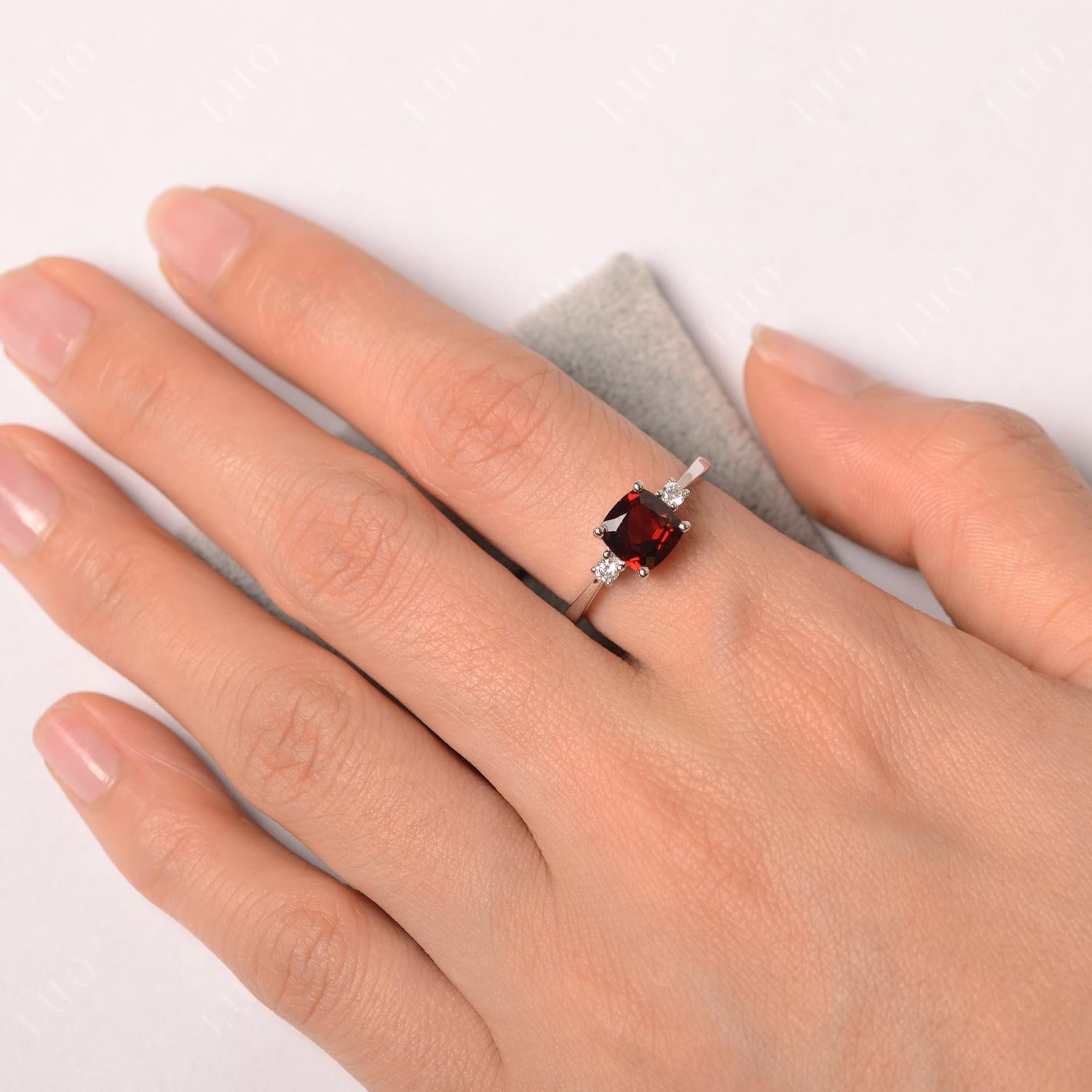 Cushion Cut Garnet Trilogy Ring - LUO Jewelry