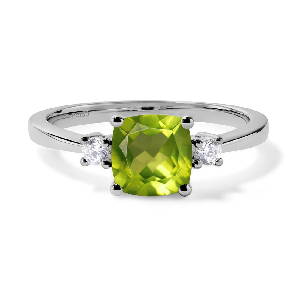 Cushion Cut Peridot Trilogy Ring - LUO Jewelry #metal_platinum