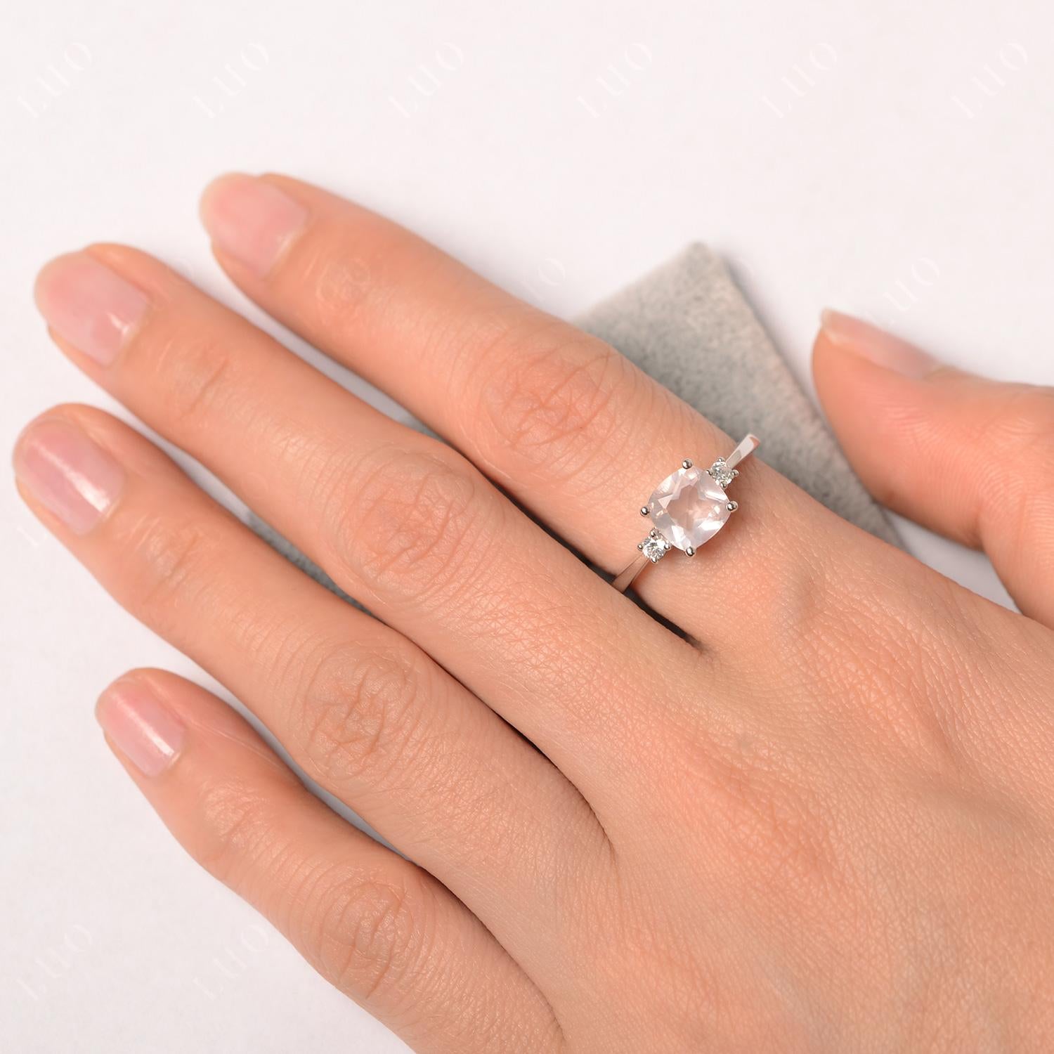 Cushion Cut Rose Quartz Trilogy Ring - LUO Jewelry