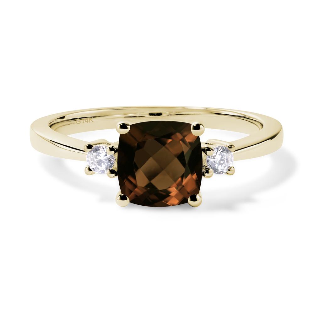 Cushion Cut Smoky Quartz Trilogy Ring - LUO Jewelry #metal_14k yellow gold