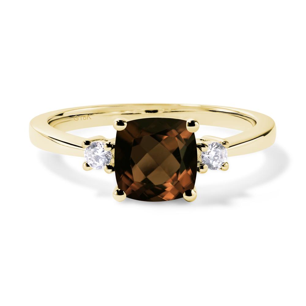 Cushion Cut Smoky Quartz Trilogy Ring - LUO Jewelry #metal_18k yellow gold