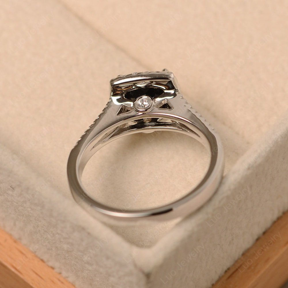Black Spinel Cushion Cut Split Shank Halo Engagement Ring - LUO Jewelry