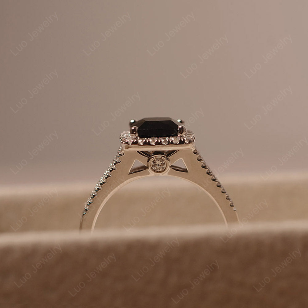 Black Spinel Cushion Cut Split Shank Halo Engagement Ring - LUO Jewelry