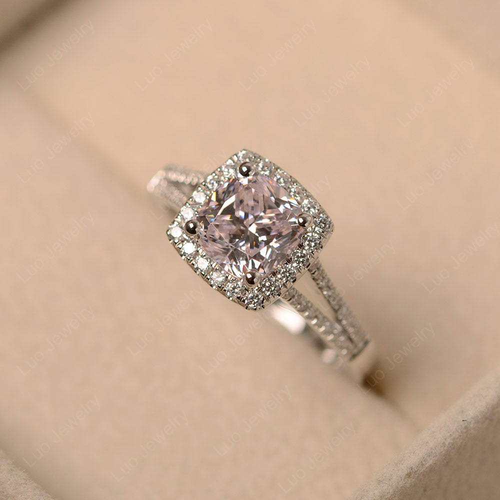 Cubic Zirconia Cushion Cut Split Shank Halo Engagement Ring - LUO Jewelry