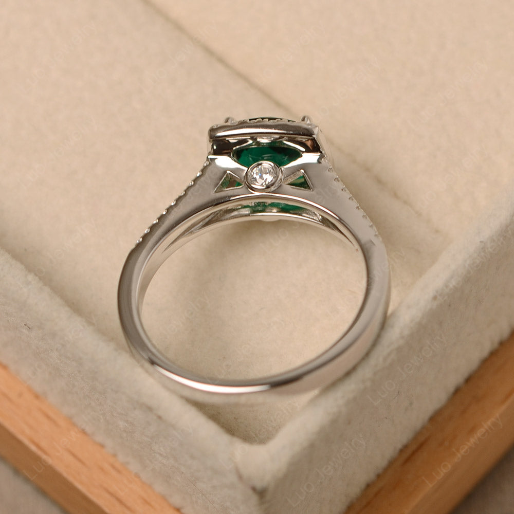 Lab Emerald Cushion Cut Split Shank Halo Engagement Ring - LUO Jewelry