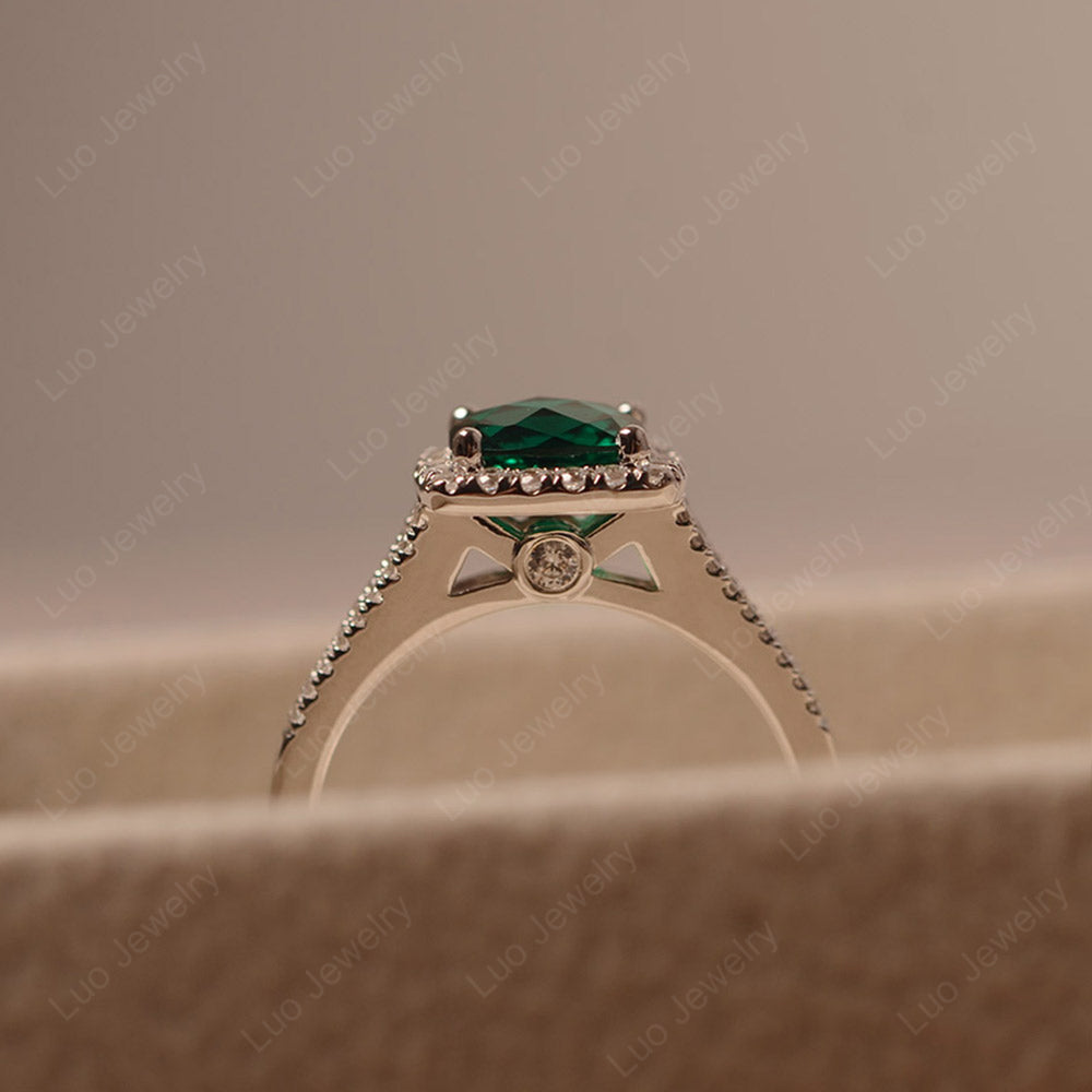 Lab Emerald Cushion Cut Split Shank Halo Engagement Ring - LUO Jewelry