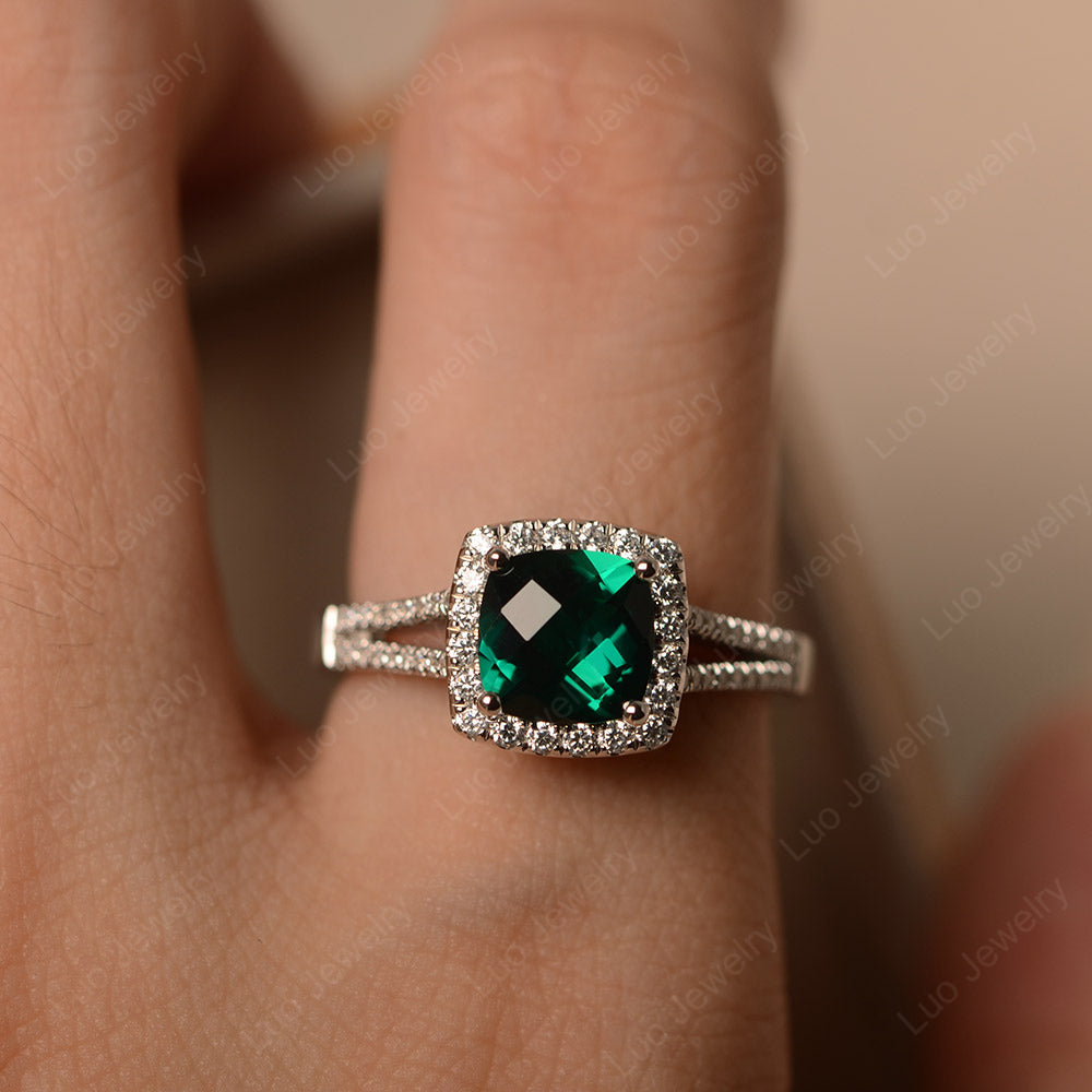 Lab Emerald Cushion Cut Split Shank Halo Engagement Ring - LUO Jewelry