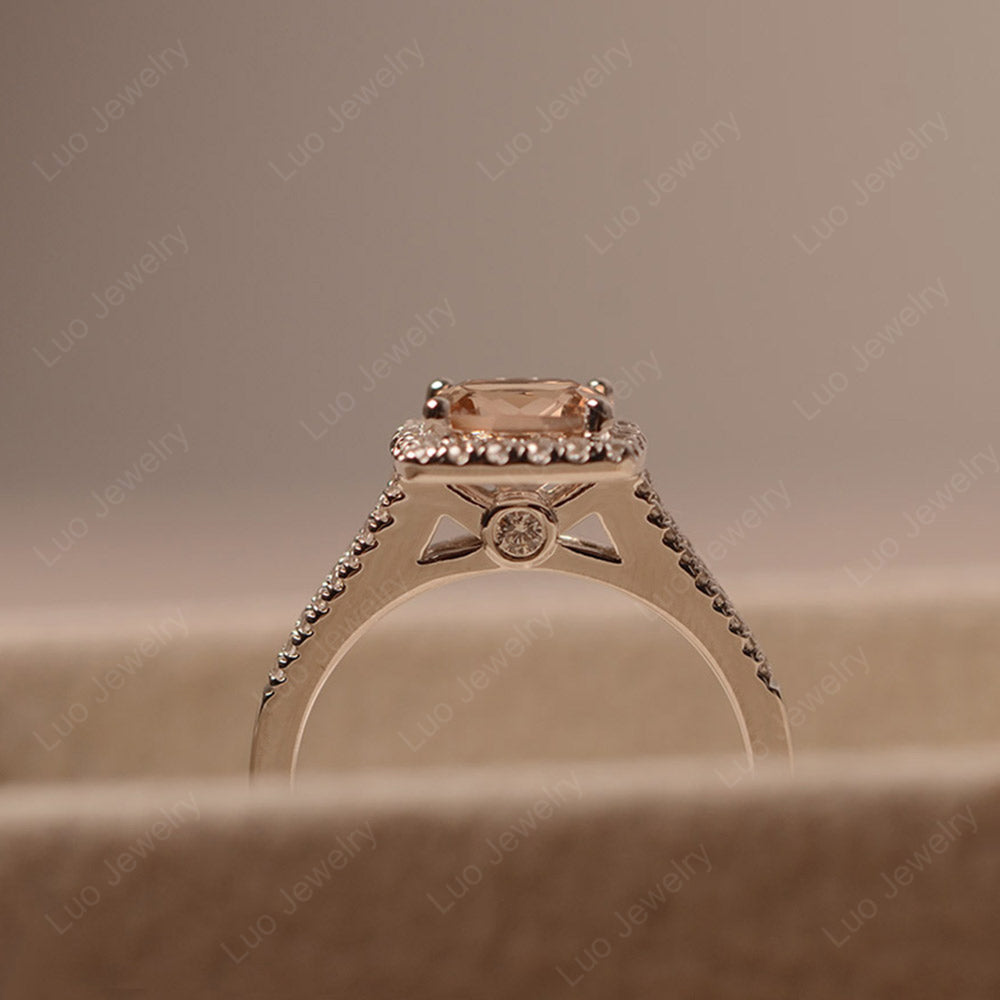 Morganite Cushion Cut Split Shank Halo Engagement Ring - LUO Jewelry