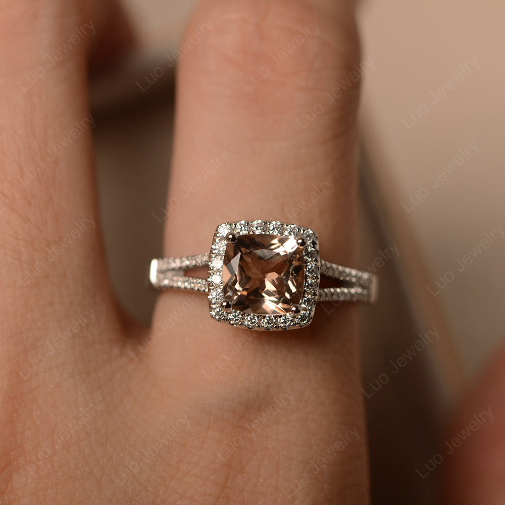 Morganite Cushion Cut Split Shank Halo Engagement Ring - LUO Jewelry