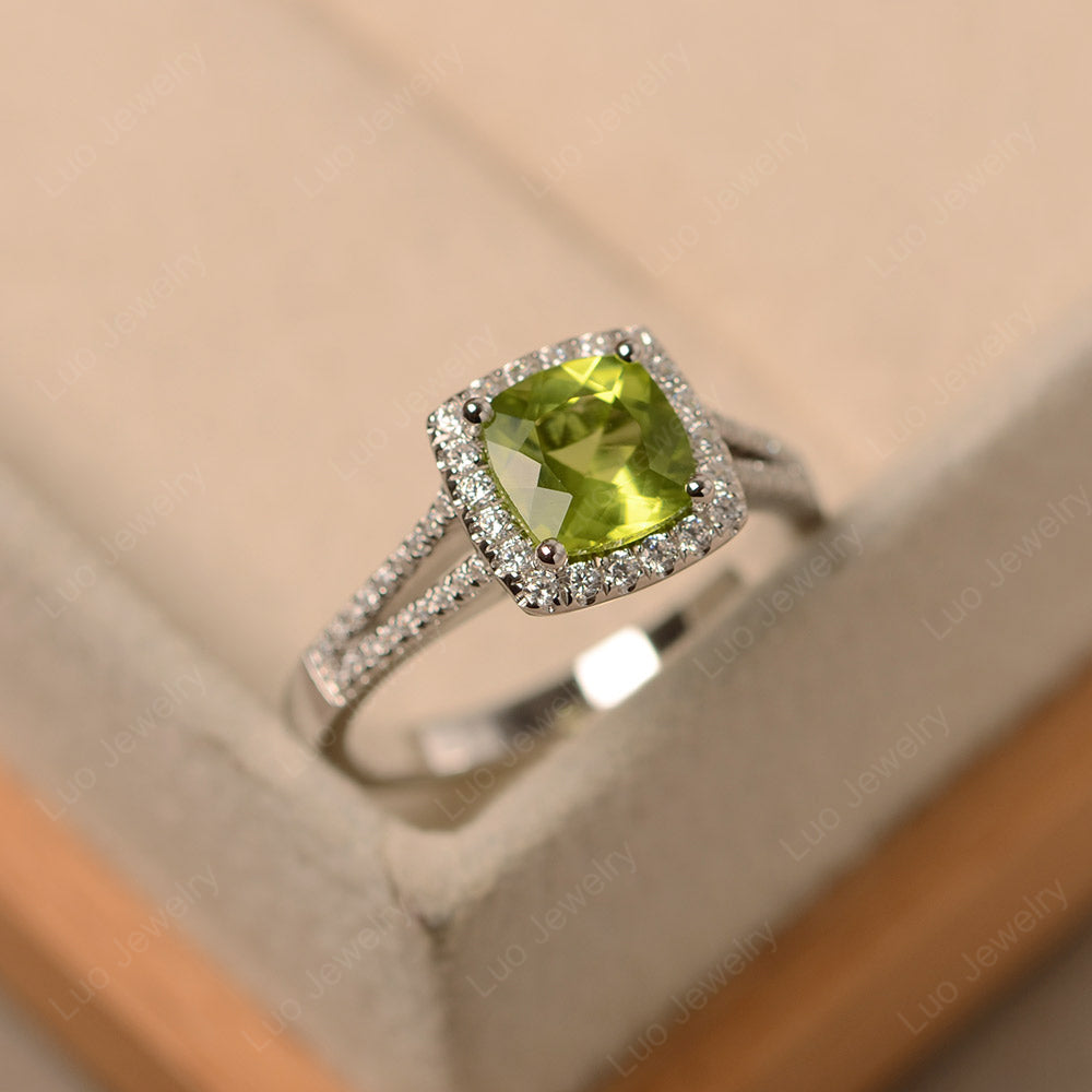 Peridot Cushion Cut Split Shank Halo Engagement Ring - LUO Jewelry