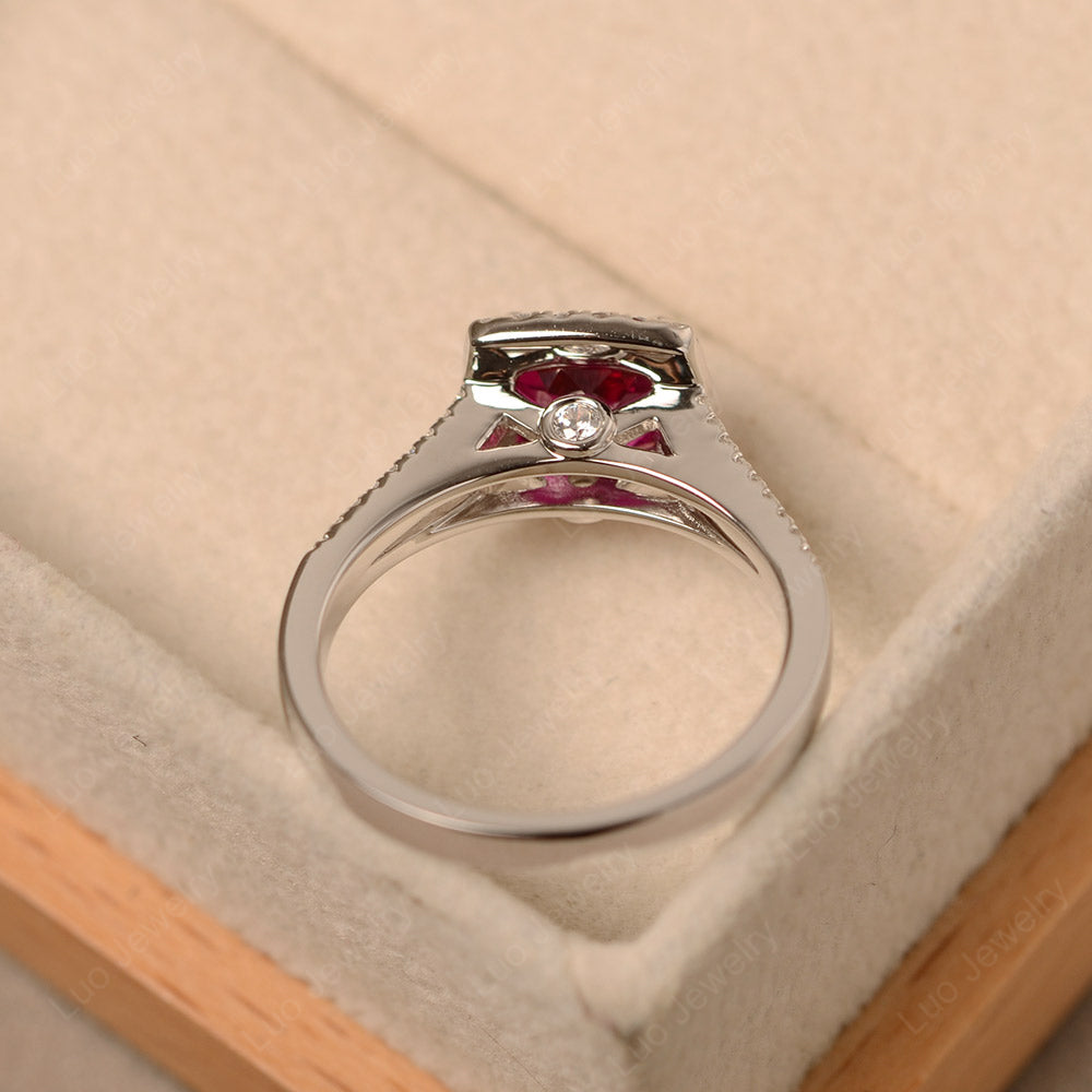 Ruby Cushion Cut Split Shank Halo Engagement Ring - LUO Jewelry