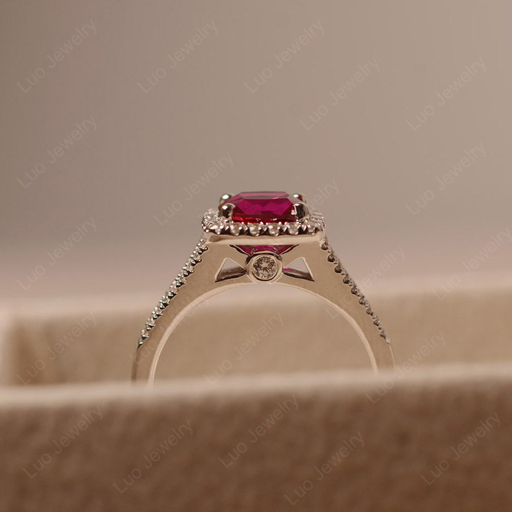 Ruby Cushion Cut Split Shank Halo Engagement Ring - LUO Jewelry
