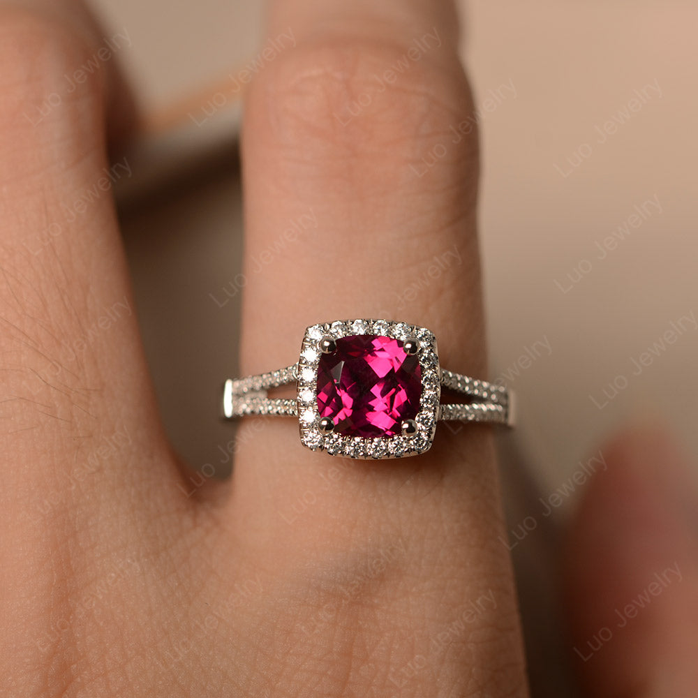 Ruby Cushion Cut Split Shank Halo Engagement Ring - LUO Jewelry
