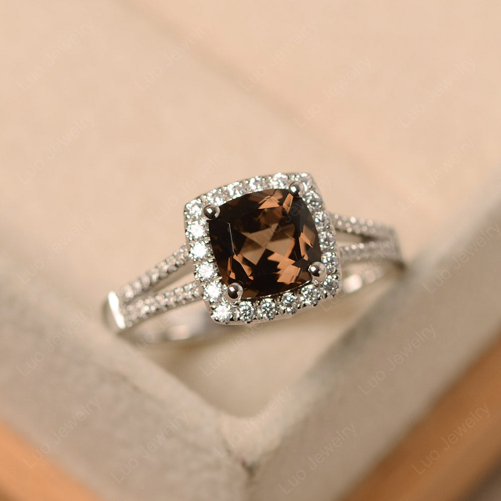 Smoky Quartz Cushion Cut Split Shank Halo Ring | LUO