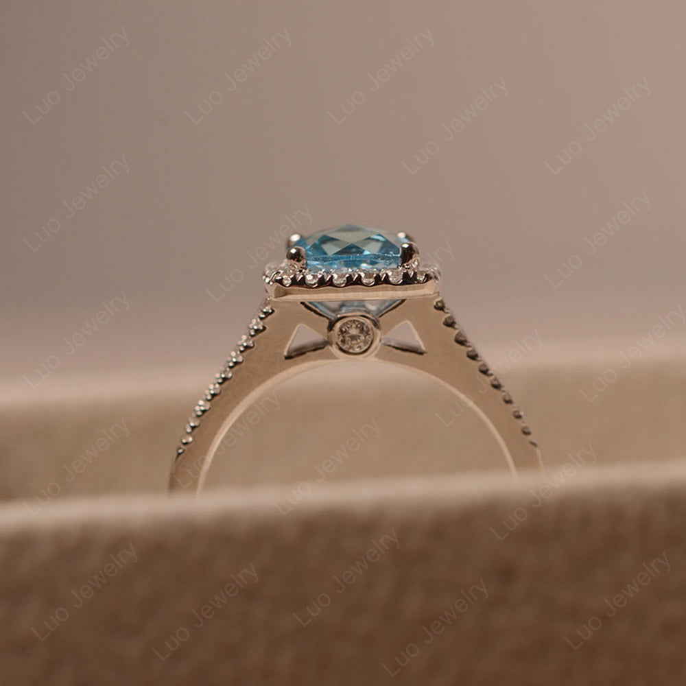 Swiss Blue Topaz Cushion Cut Split Shank Halo Engagement Ring - LUO Jewelry