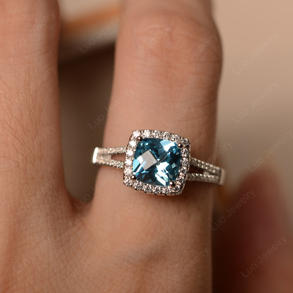 Swiss Blue Topaz Cushion Cut Split Shank Halo Engagement Ring - LUO Jewelry