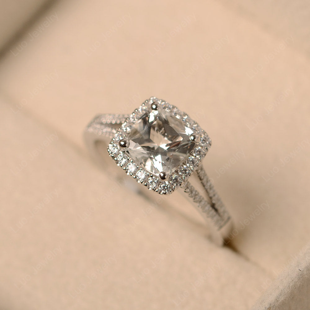 White Topaz Cushion Cut Split Shank Halo Engagement Ring - LUO Jewelry