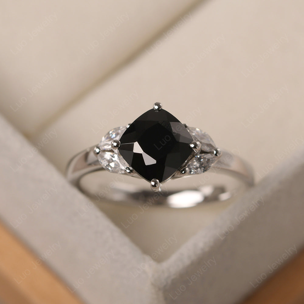 Black Spinel Kite Set Cushion Cut Engagement Ring - LUO Jewelry