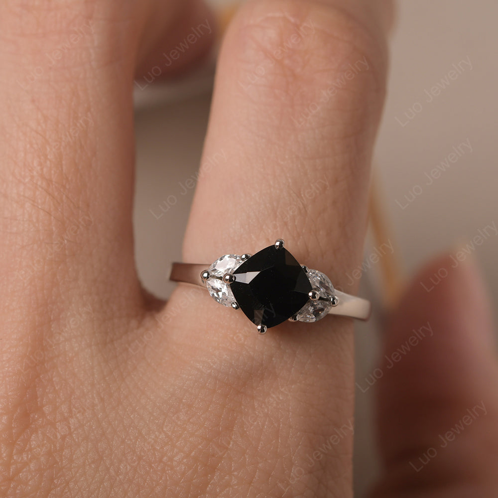 Black Spinel Kite Set Cushion Cut Engagement Ring - LUO Jewelry