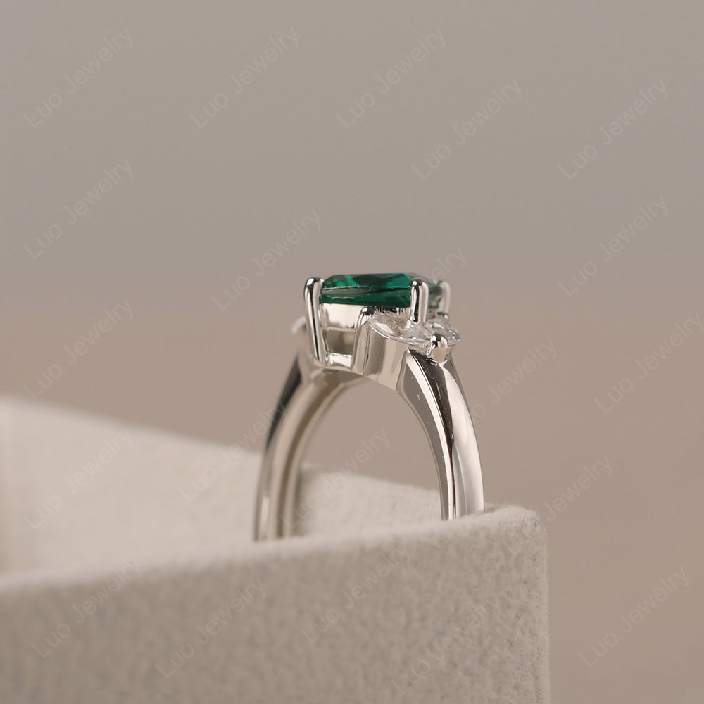 Lab Emerald Kite Set Cushion Cut Engagement Ring - LUO Jewelry