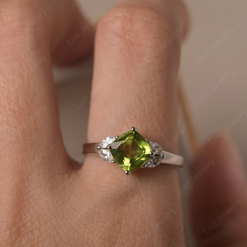 Peridot Kite Set Cushion Cut Engagement Ring - LUO Jewelry