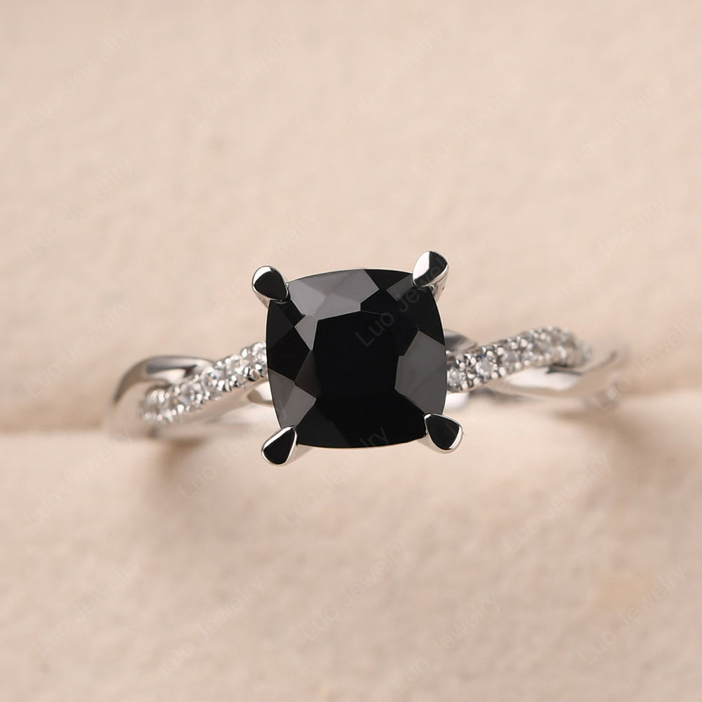 Cushion Cut Black Spinel Twist Engagement Rings - LUO Jewelry