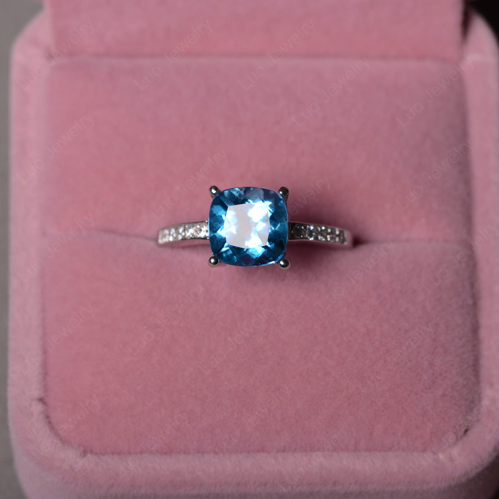 Swiss Blue Topaz Engagement Ring Cushion Cut Gold - LUO Jewelry