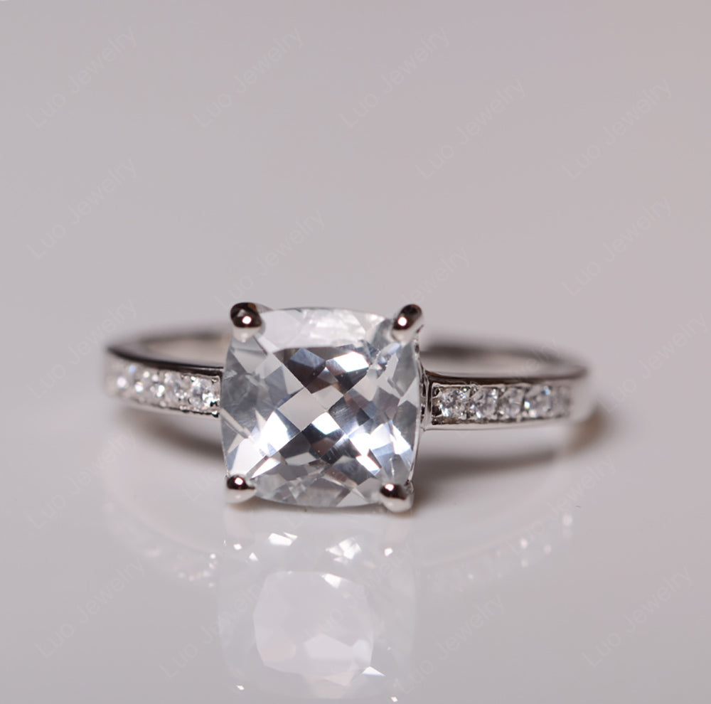 White Topaz Engagement Ring Cushion Cut Gold - LUO Jewelry