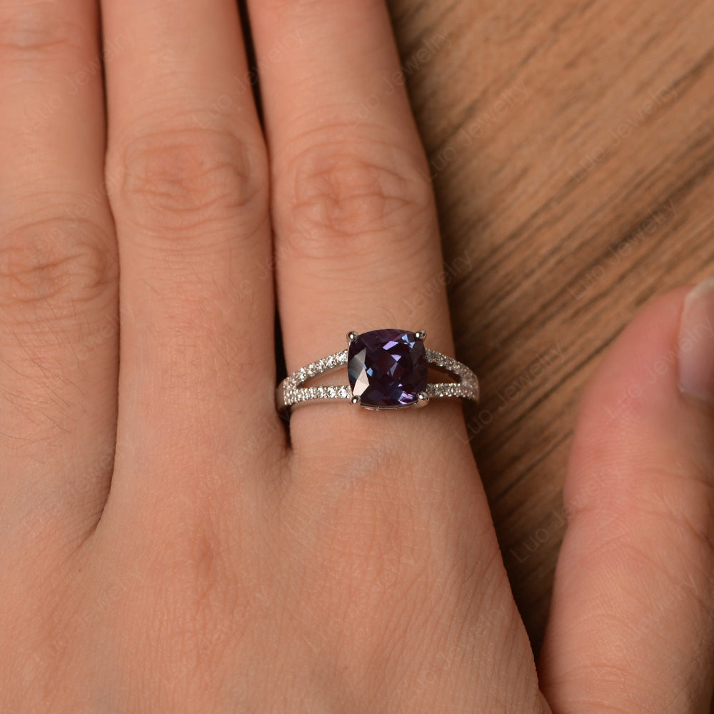 Alexandrite Ring Split Shank Cushion Cut Ring - LUO Jewelry