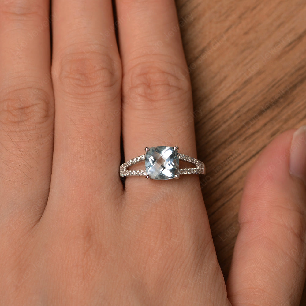 Aquamarine Ring Split Shank Cushion Cut Ring - LUO Jewelry