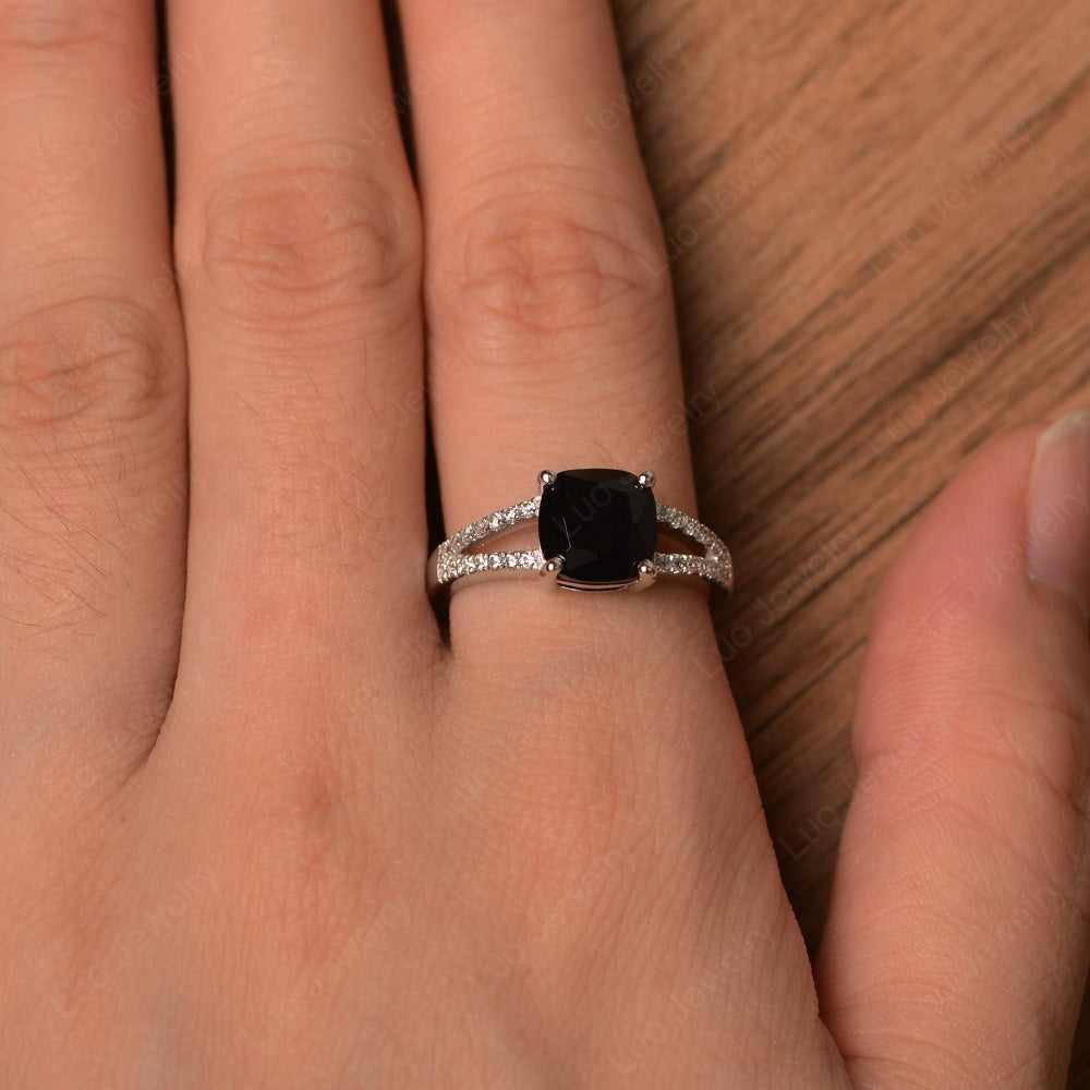 Black Spinel Ring Split Shank Cushion Cut Ring - LUO Jewelry