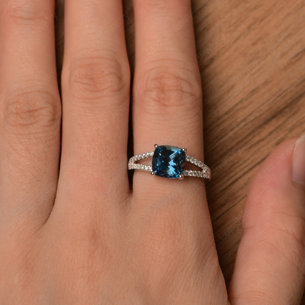 London Blue Topaz Ring Split Shank Cushion Cut Ring - LUO Jewelry