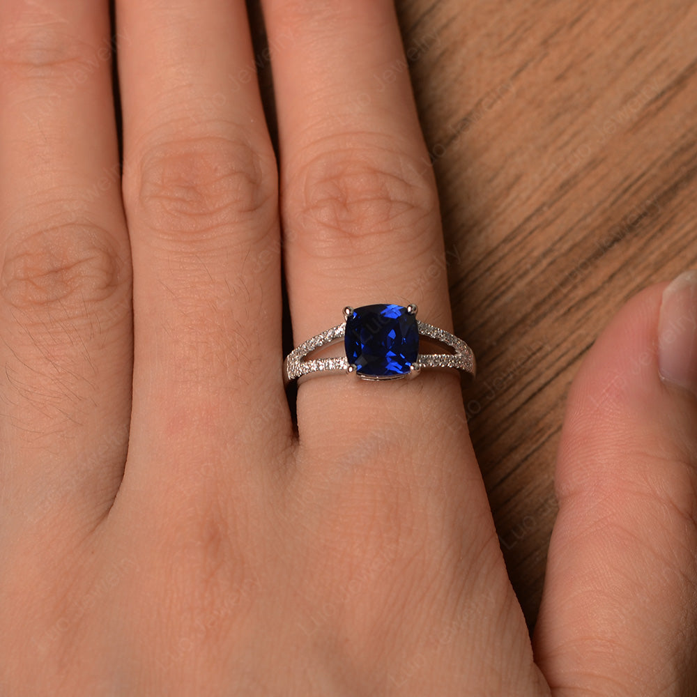 Lab Sapphire Ring Split Shank Cushion Cut Ring - LUO Jewelry
