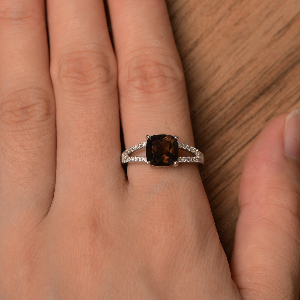Smoky Quartz Ring Split Shank Cushion Cut Ring - LUO Jewelry