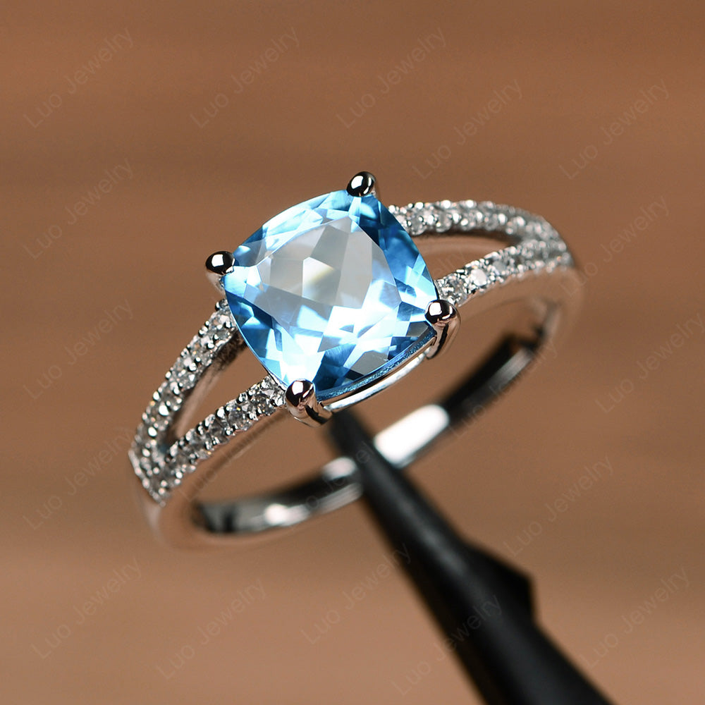 Cushion Cut Swiss Blue Topaz Split Shank Ring - Main Image