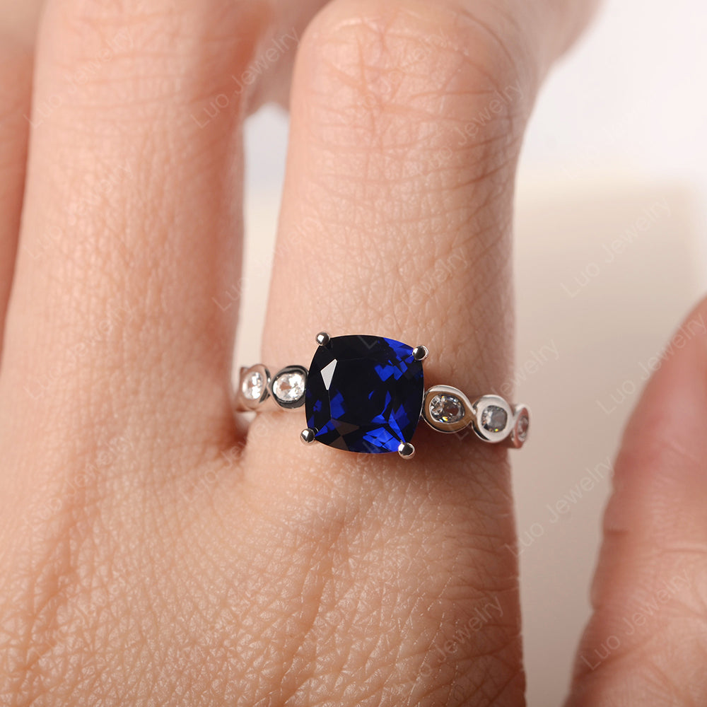 Vintage Lab Sapphire Ring Cushion Cut Yellow Gold - LUO Jewelry