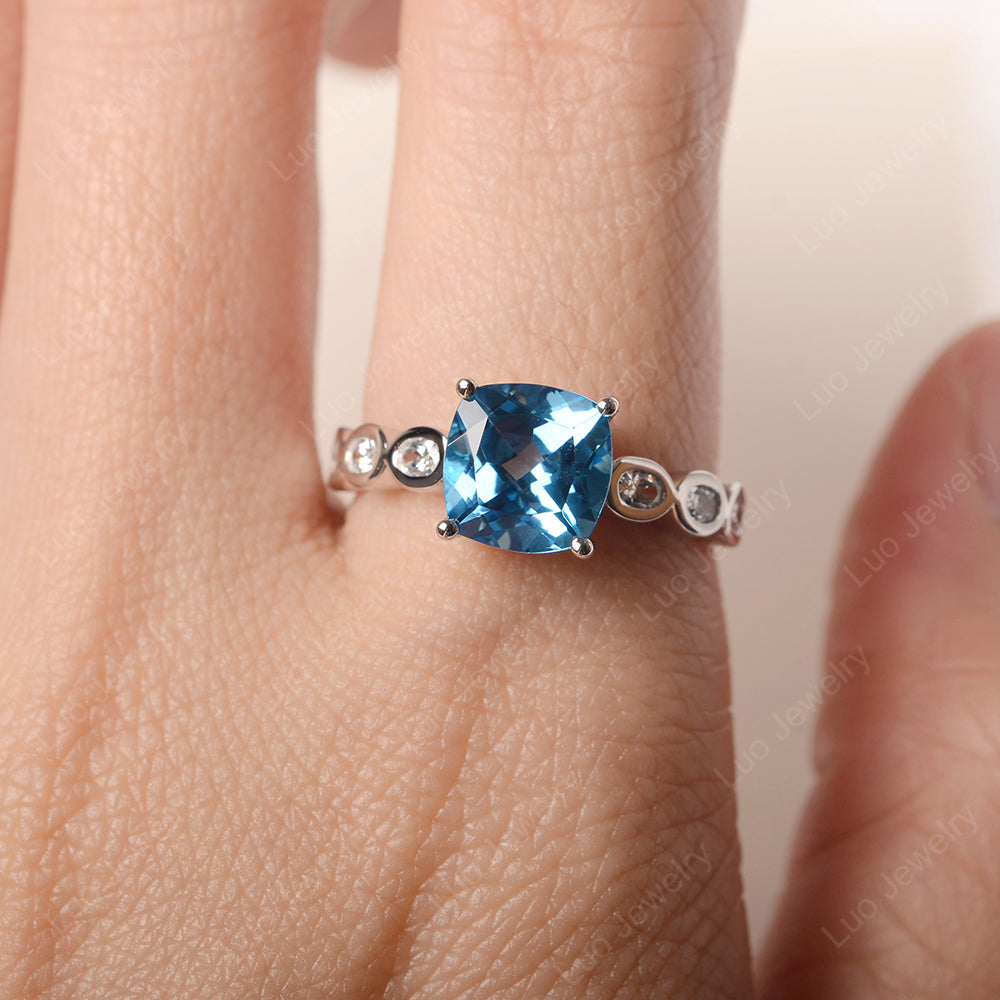 Vintage Swiss Blue Topaz Ring Cushion Cut Yellow Gold - LUO Jewelry