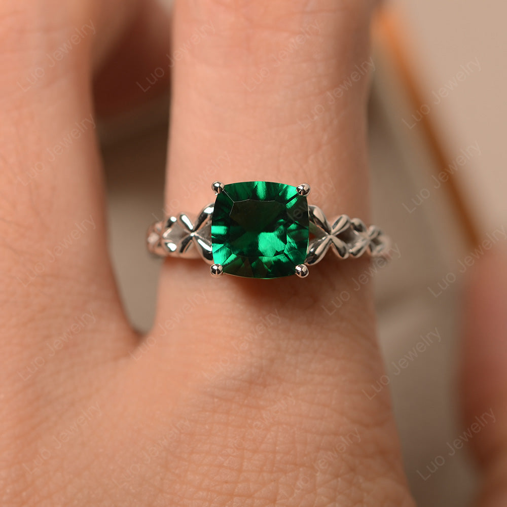 Antique Cushion Cut Lab Emerald Solitaire Ring - LUO Jewelry