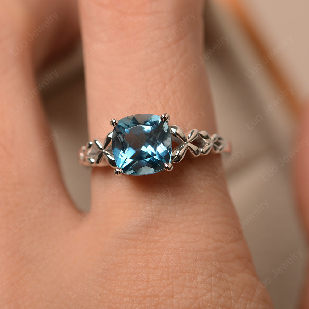 Antique Cushion Cut London Blue Topaz Solitaire Ring - LUO Jewelry