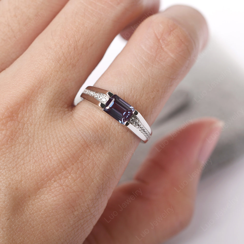 East West Alexandrite Ring Emerald Cut Engagement Ring - LUO Jewelry