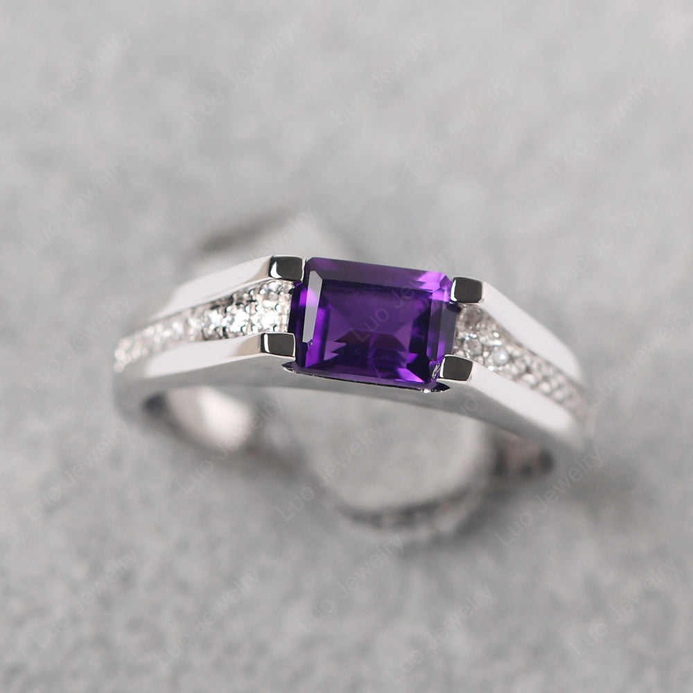 East West Amethyst Ring Emerald Cut Engagement Ring - LUO Jewelry