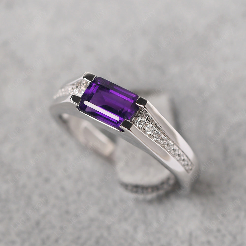 East West Amethyst Ring Emerald Cut Engagement Ring - LUO Jewelry