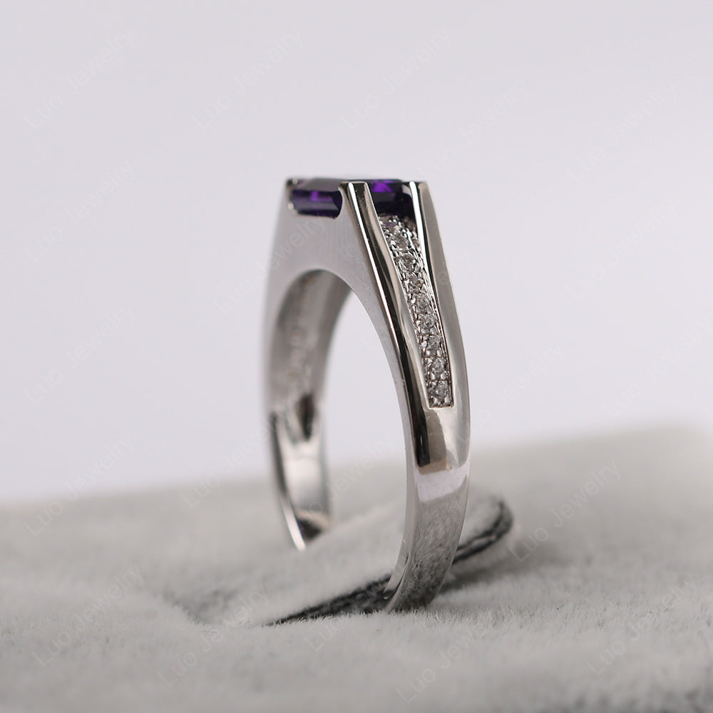 East West Amethyst Ring Emerald Cut Engagement Ring - LUO Jewelry