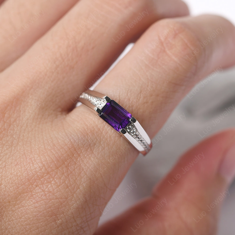 East West Amethyst Ring Emerald Cut Engagement Ring - LUO Jewelry