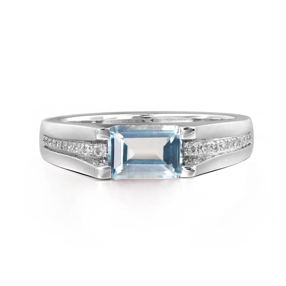 East West Aquamarine Ring Emerald Cut Engagement Ring - LUO Jewelry