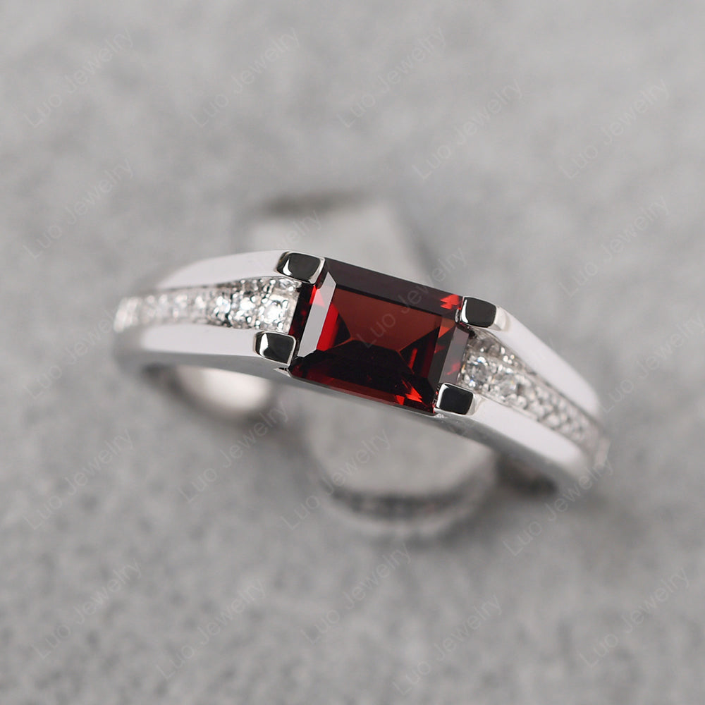 East West Garnet Ring Emerald Cut Engagement Ring - LUO Jewelry