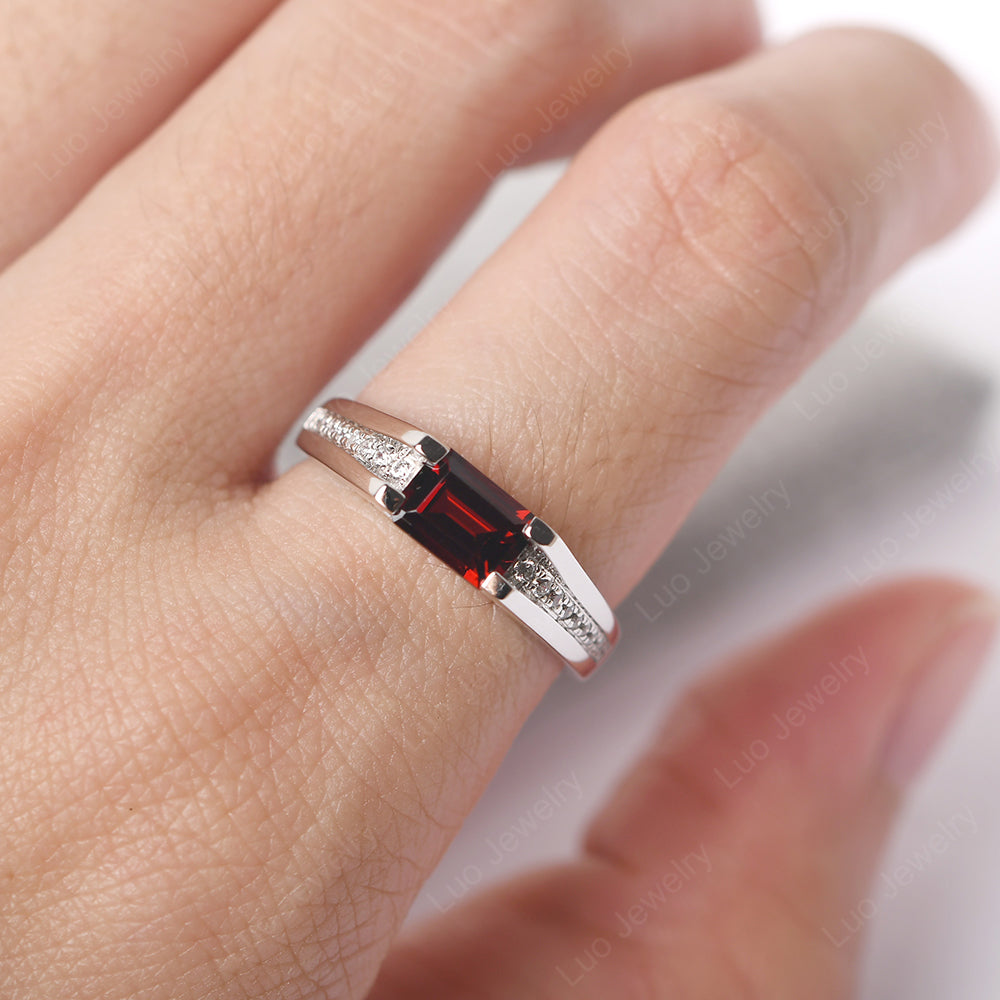 East West Garnet Ring Emerald Cut Engagement Ring - LUO Jewelry