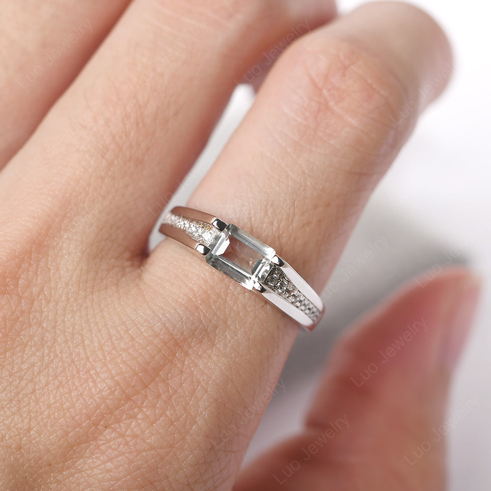 East West Green Amethyst Ring Emerald Cut Engagement Ring - LUO Jewelry