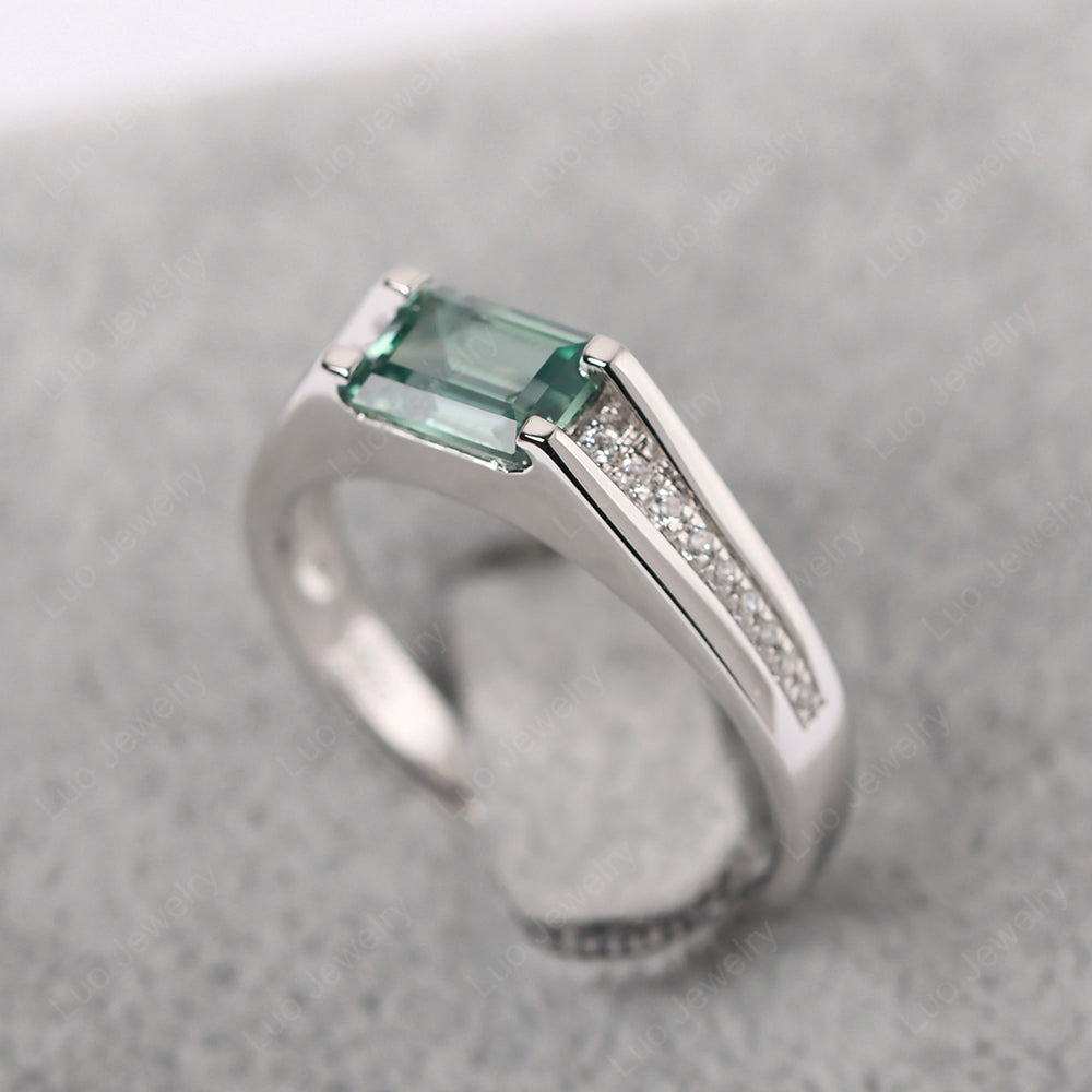 East West Green Sapphire Ring Emerald Cut Engagement Ring - LUO Jewelry