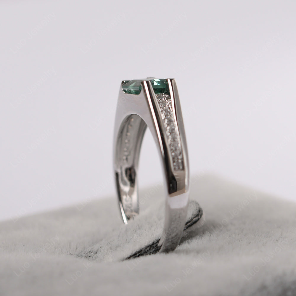 East West Green Sapphire Ring Emerald Cut Engagement Ring - LUO Jewelry